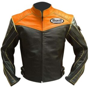 Men Buell Motorcycle Black Tan Leather Jacket Buell Moto Leather Jacket With CE Armour - leathersguru