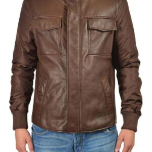 Men Brown Branded Motorbike Pockets Leather Jacket, Classic Trendy Scooter Fashion Zipper Jacket - leathersguru