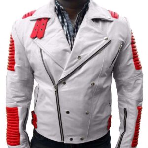 Men White Red Motorbike Leather Jacket, Classic Trendy Scooter Fashion Jacket - leathersguru