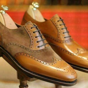 Handmade Brown Tan Leather Suede Wing Tip Shoe - leathersguru