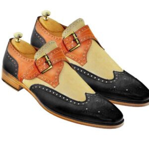 Men's Leather Monk Strap Tan Beige Black Wing Tip Brogue Shoes - leathersguru