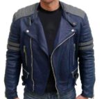 Men Navy Blue Gray Motorbike Leather Jacket, Classic Trendy Scooter Fashion Jacket - leathersguru