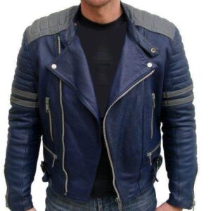 Men Navy Blue Gray Motorbike Leather Jacket, Classic Trendy Scooter Fashion Jacket - leathersguru