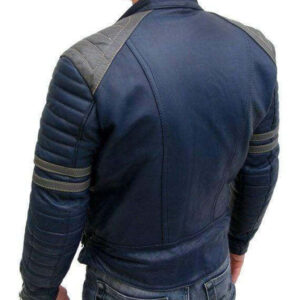 Men Navy Blue Gray Motorbike Leather Jacket, Classic Trendy Scooter Fashion Jacket - leathersguru