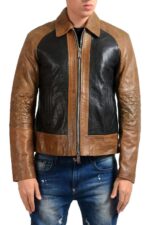 Men Brown Black Branded Motorbike Leather Jacket, Classic Trendy Scooter Fashion Zipper Jacket - leathersguru