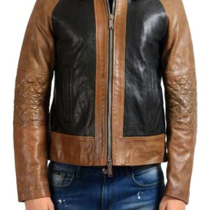 Men Brown Black Branded Motorbike Leather Jacket, Classic Trendy Scooter Fashion Zipper Jacket - leathersguru