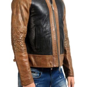 Men Brown Black Branded Motorbike Leather Jacket, Classic Trendy Scooter Fashion Zipper Jacket - leathersguru