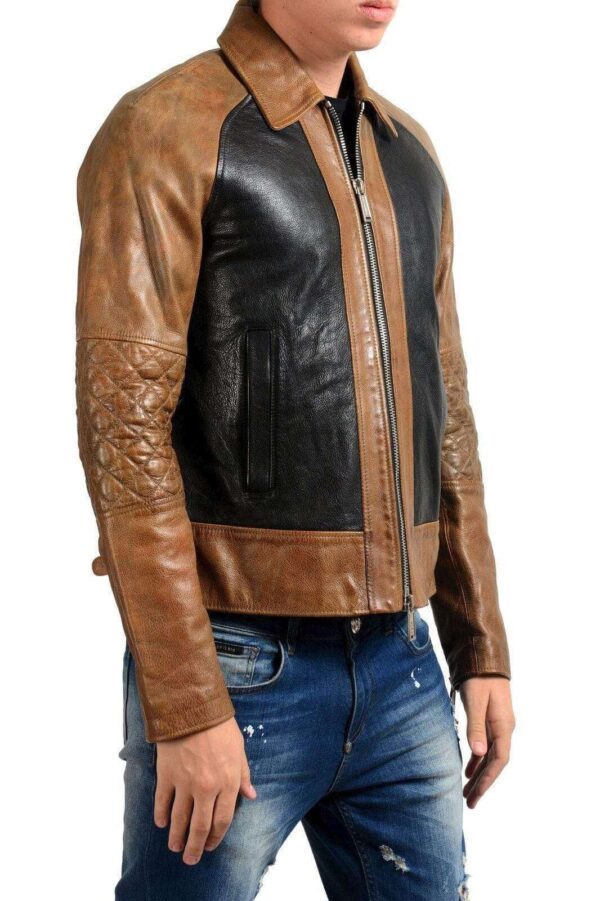 Men Brown Black Branded Motorbike Leather Jacket, Classic Trendy Scooter Fashion Zipper Jacket - leathersguru