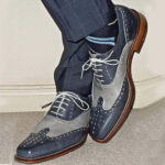 Two tone wing tip brogue Men Blue gray dress oxfords shoes - leathersguru