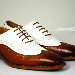 Handmade Men's Brown & White Wing Tip Leather Lace Up Shoes - leathersguru