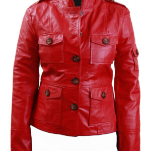 Women  Pink Leather Jacket,Front Four Pocket Stylish Button Jacket