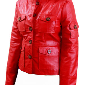 Women  Pink Leather Jacket,Front Four Pocket Stylish Button Jacket