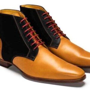 Handmade Men's Ankle High Tan Black Leather Suede Lace Up Boot - leathersguru