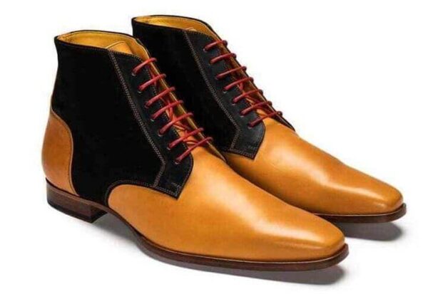Handmade Men's Ankle High Tan Black Leather Suede Lace Up Boot - leathersguru