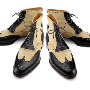 Handmade Men's Ankle High Beige Leather Suede Black Wing Tip Boot - leathersguru