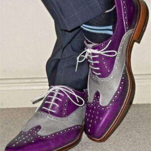 Men's Leather Purple Gray Color Wing Tip Brogue Shoes - leathersguru