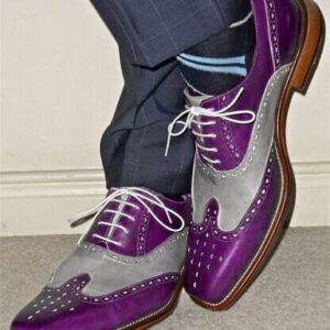 Handmade Gray & Purple Leather Wing tip Dress Shoes - leathersguru