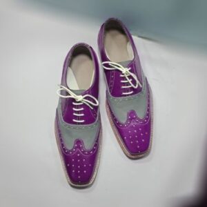 Handmade Gray & Purple Leather Wing tip Dress Shoes - leathersguru