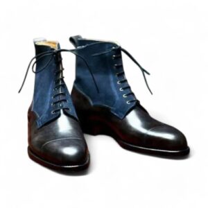 Ankle Black Blue Cap Toe Lace Up Leather Suede Boots - leathersguru