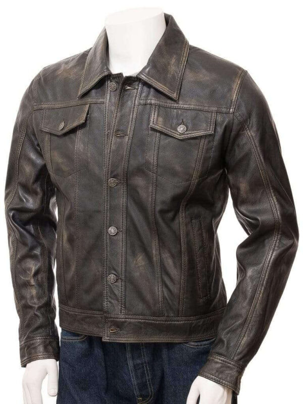 Men's Genuine Vintage Leather Jeans Jacket Unique Brown Slim Motorcycle jacket - leathersguru