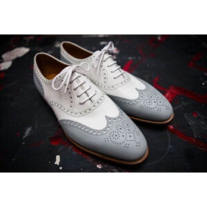 Bespoke White & Gray Leather Wing Tip  Lace Up Shoes for Men's - leathersguru