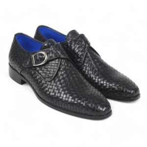 Handmade Black Woven Leather Buckle Shoes